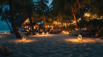 Romantic Beach Dinner Under Palm Trees At Night