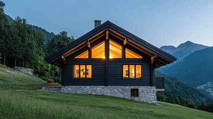 Obraz premium A cozy wooden chalet nestled in a serene landscape, illuminated by warm lights against a backdrop of mountains during twilight.