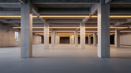 A spacious, industrial interior featuring concrete columns and modern lighting, creating a minimalist atmosphere.