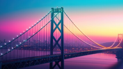 Fototapeta premium A stunning bridge illuminated at sunset, framed by vibrant colors reflecting in the water, showcasing architectural beauty and serene landscapes.