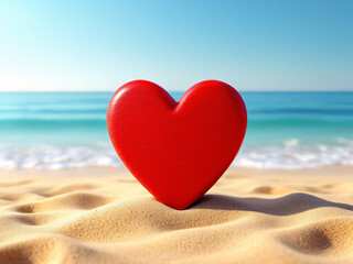 Fototapeta premium Red wooden heart on sandy beach with ocean waves and blue sky.