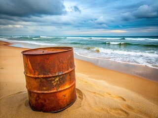 Naklejka premium Rusty 50 Gallon Drum Abandoned Ocean Shore - Environmental Pollution Stock Photo