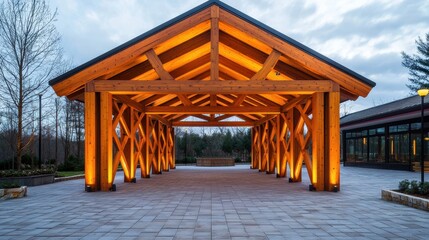 Fototapeta premium A modern wooden structure with glowing beams, set against a cloudy sky, creating an inviting atmosphere for gatherings or events.