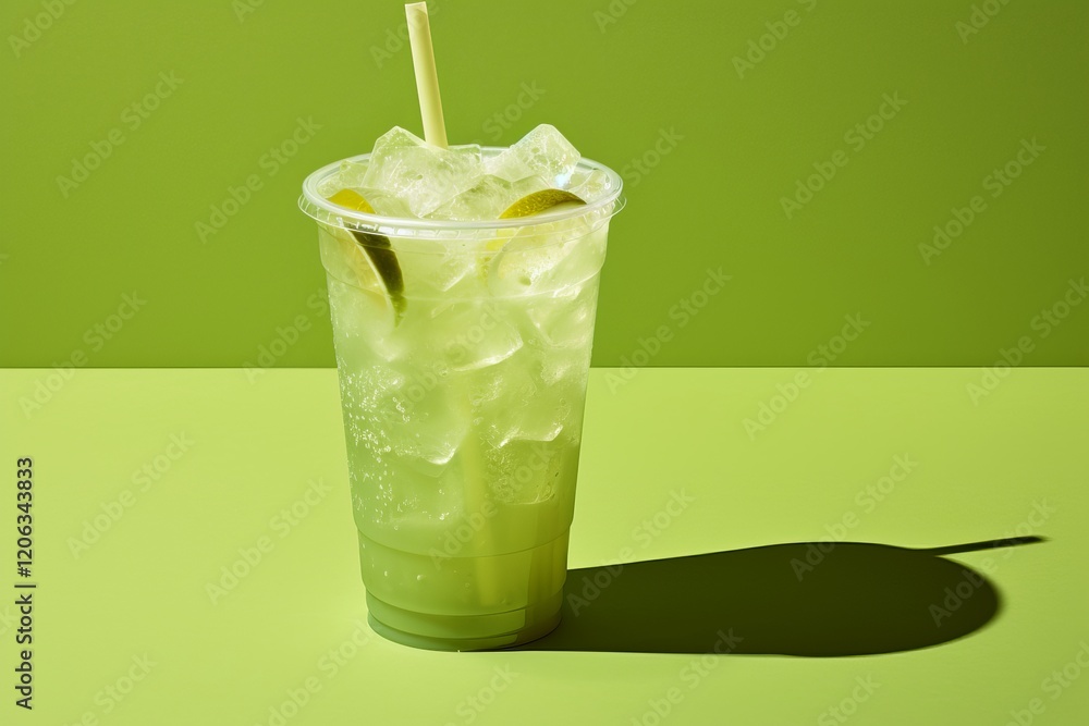 Poster refreshing lime drink in a vibrant green setting on a sunny afternoon. generative ai