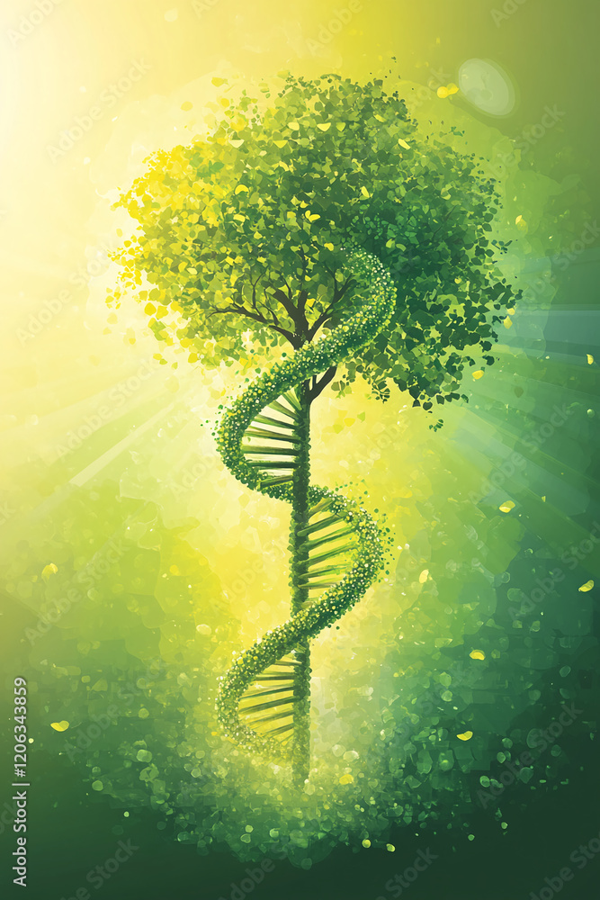 Poster Tree with DNA spiral symbolizing the connection between nature and genetics in a vibrant green setting