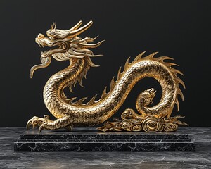 Obraz premium Golden dragon statue on marble base.