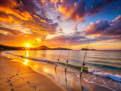 Sardinian Sunset: Panoramic Beachscape with Fishing Rods at Porto Corallo