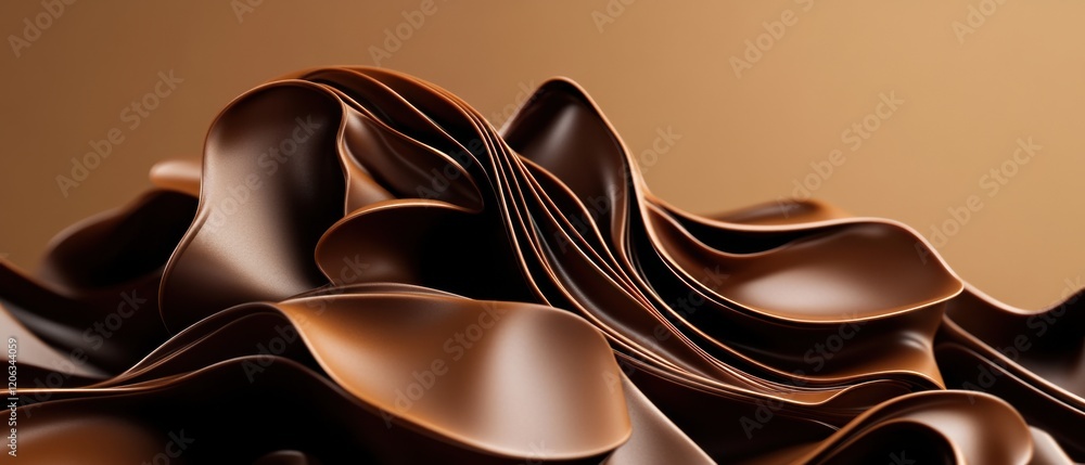 Poster abstract 3d rendering of flowing dark chocolate waves on a light brown background, smooth and glossy