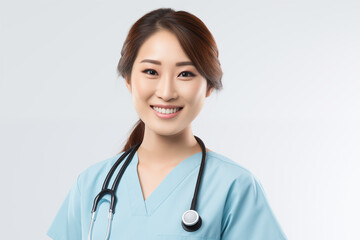 Smiling Asian Nurse in Professional Uniform with Stethoscope, Friendly and Caring Healthcare Worker, White Background, Ideal for Medical, Healthcare, and Wellness Concepts