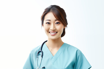 Smiling Asian Nurse in Professional Uniform with Stethoscope, Friendly and Caring Healthcare Worker, White Background, Ideal for Medical, Healthcare, and Wellness Concepts