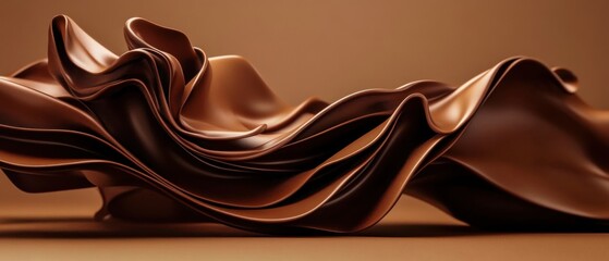 Abstract flowing dark chocolate waves on a brown background, smooth and glossy texture, 3D render