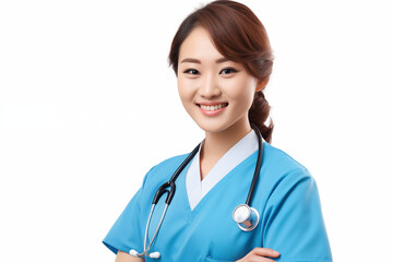 Smiling Asian Nurse in Professional Uniform with Stethoscope, Friendly and Caring Healthcare Worker, White Background, Ideal for Medical, Healthcare, and Wellness Concepts