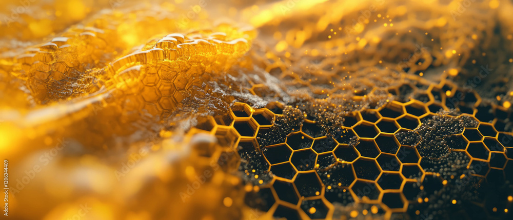 Poster unique texture of honeycomb with golden honey cascading over hexagonal cells