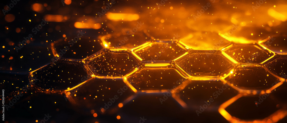Poster exploring the intricate texture of honeycomb and golden honey in hexagonal formations