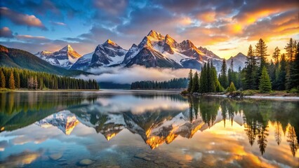 Serene Dawn: Panoramic Mountain Lake Reflecting Snow-Capped Peaks