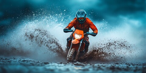 A person wearing an orange jacket and helmet is riding a dirt bike through a muddy terrain, creating a dramatic splash of water and mud.