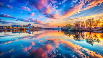 Fototapeta premium Serene Dnieper River Sunset: Double Exposure Landscape Photography, Ukraine