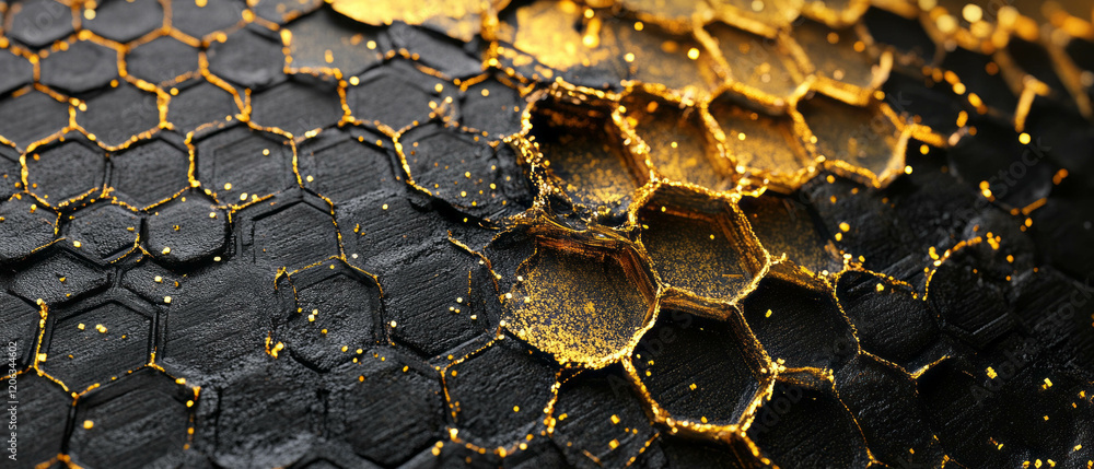 Poster captivating texture of honeycomb with gleaming golden honey droplets on hexagonal cells