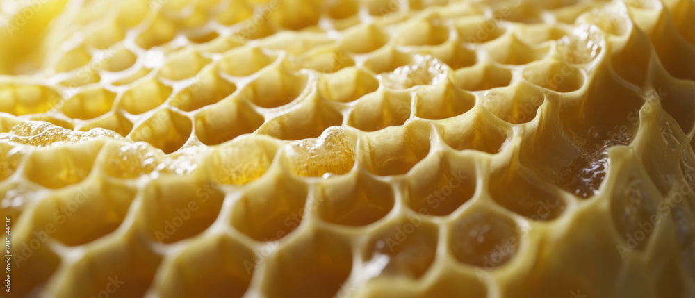 Poster unique texture of honeycomb with hexagonal cells and waxy structure displayed up close