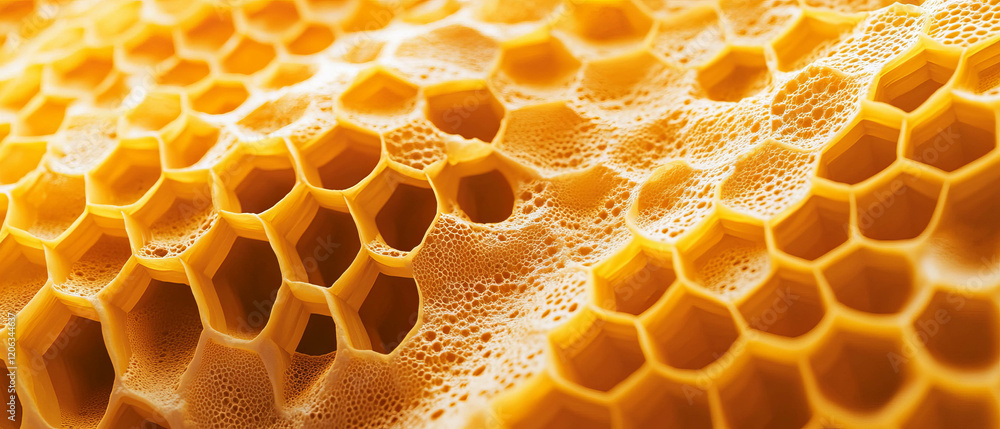 Poster honeycomb structure showcasing intricate hexagonal cells and waxy texture in close detail