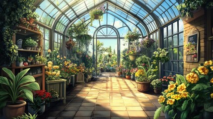 Sunlit Greenhouse Filled With Vibrant Flowers and Plants