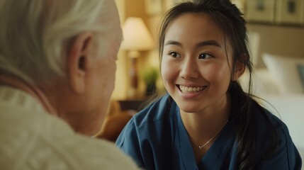 A home health care worker assists an elderly woman in her home	