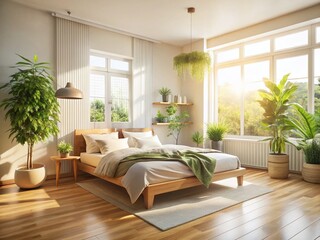Serene Sunlight Bedroom: Calming Morning Light Interior Design Stock Photo