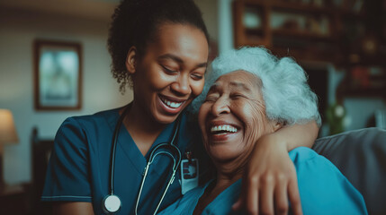 A home health care worker assists an elderly woman in her home	