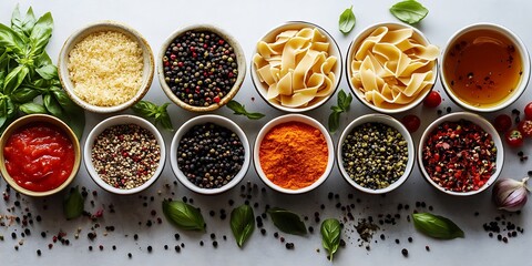 Assortment of various spices, herbs, pasta, and sauces arranged in bowls on a light-colored surface, highlighting the diversity and richness of culinary ingredients.