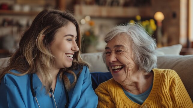 A home health care worker assists an elderly woman in her home	