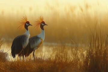 Obraz premium Graceful cranes standing elegance in golden light, showcasing vivid plumage and striking features amidst a serene wetland habitat during sunrise.