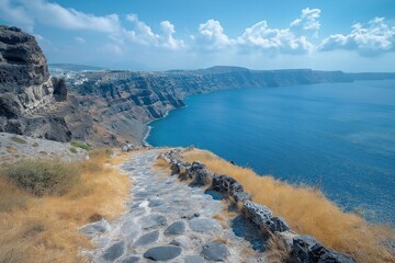 Obraz premium Scenic coastal pathway overlooking the azure waters of Santorini in bright daylight
