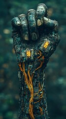 A detailed image of a robotic arm with a clenched fist, featuring intricate circuitry and glowing components, symbolizing the fusion of technology and human-like form.