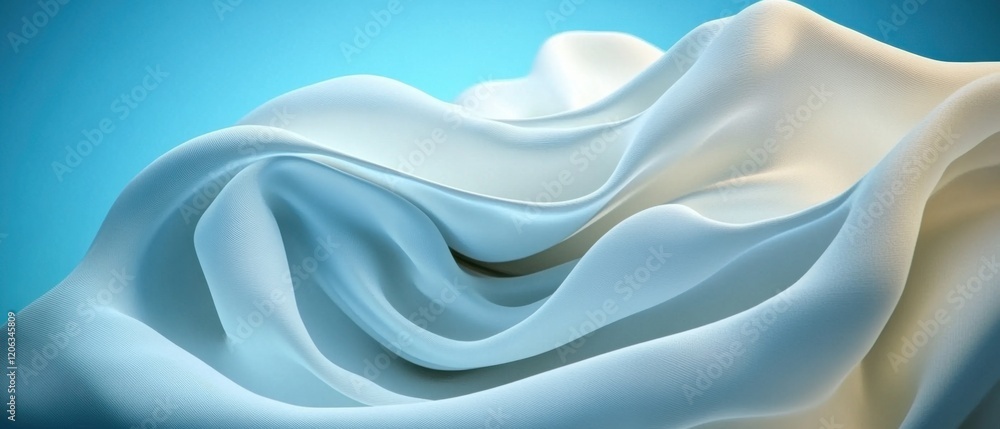 Poster abstract flowing white fabric with soft waves against a light blue background, creating a smooth and