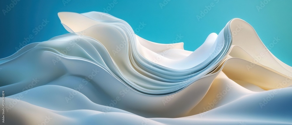 Poster abstract 3d rendering of flowing white fabric waves against a vibrant blue gradient background moder
