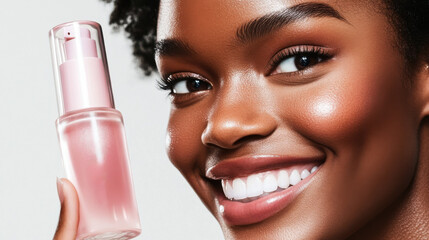 Woman showcases beauty serum with radiant smile in bright natural light during skincare routine