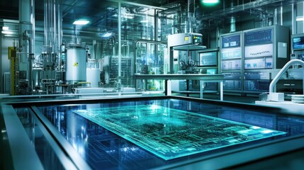 Futuristic Laboratory Environment Featuring Advanced Technology, Digital Screens, and Transparent Data Interface for Research and Development