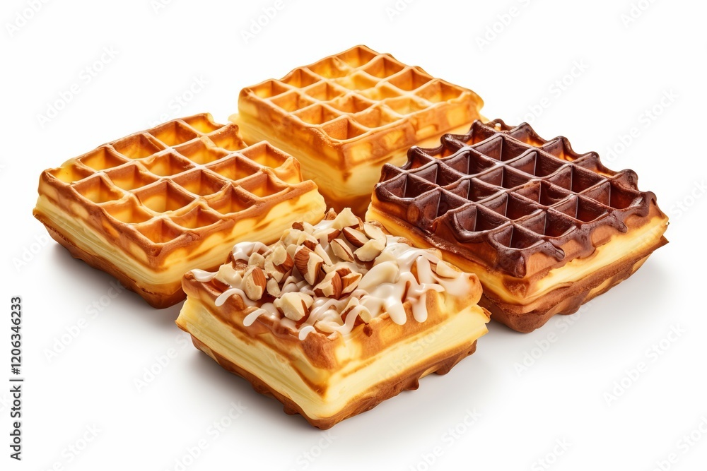 Poster deliciously crafted waffles with various toppings served on a white background. generative ai