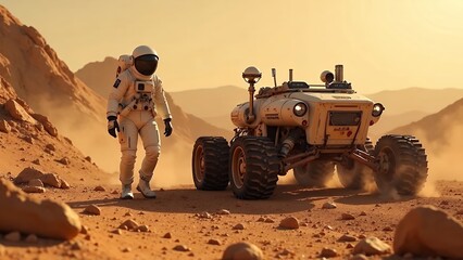 Astronaut on Mars in background a rover