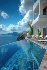 Obraz premium Luxurious infinity pool with stunning ocean view in Santorini during a sunny afternoon