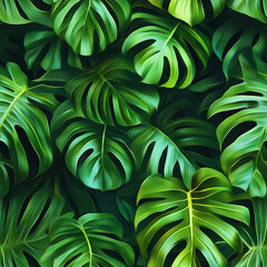 Lush green monstera leaves with vibrant tropical details and natural textures in a seamless pattern