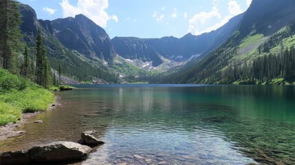 Mountain Lake Surrounded By Majestic Peaks And Lush Forests
