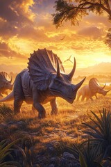 Fototapeta premium Herd of Triceratops roaming a prehistoric landscape during sunset