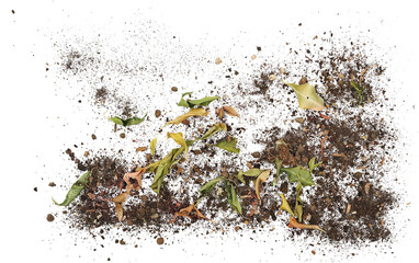 Dirt, soil pile with dry autumn leaves isolated on white background, top view	