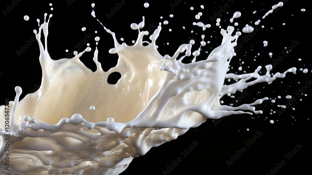 Poster captivating milk splash creating an artistic display against a black backdrop. generative ai
