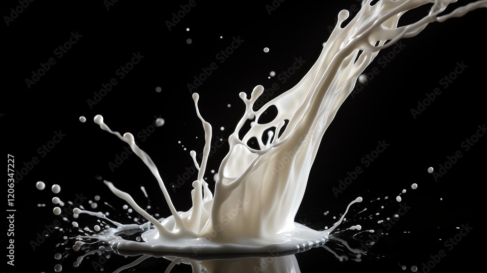 Poster milk splashes dramatically in a striking display of movement and color. generative ai