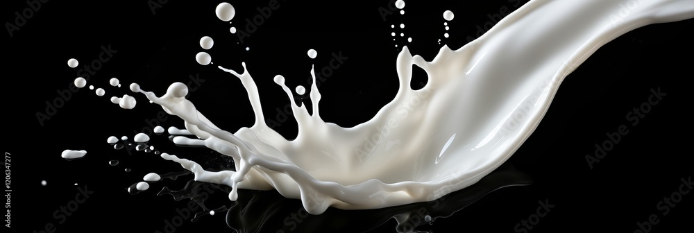 Poster milk splashes gracefully against a dark backdrop, creating a mesmerizing spectacle. generative ai