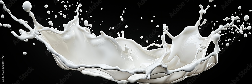 Poster captivating splash of milk creating dynamic patterns against a black background. generative ai