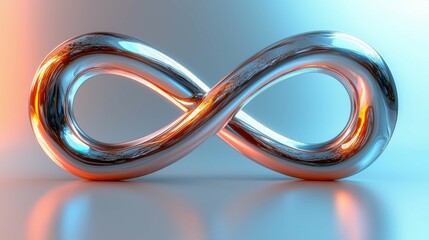 A shiny metallic infinity symbol is depicted, reflecting light with a gradient between blue and orange. It represents eternity and limitless possibilities.