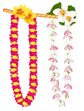 Indian flower garland mala for wedding ceremony. Traditional decoration for couple. Isolated on white vector illustration